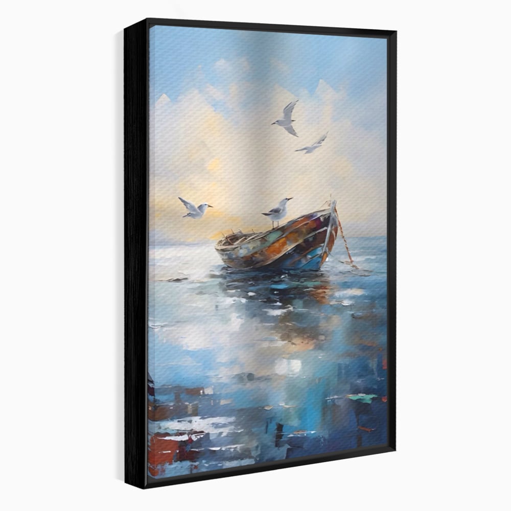 Tablou canvas cu tablou canvas cu barca si pescarusi, in rama de aluminiu negru